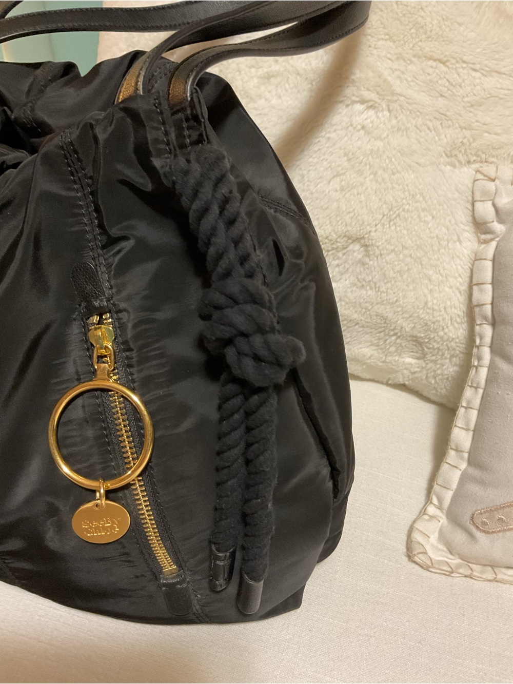 See By Chloe Flo- Black Nylon Shoulder Bag with Gold Ring Charm - Picture 4 of 13